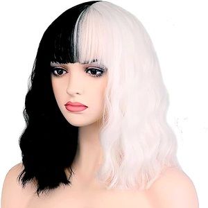 14 Inches Black White Short Curly Wig with Bangs Synthetic Wigs Women Girls